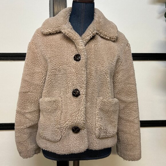 Zara Tan Fleece Cropped Winter Jacket w/Pockets & Buttons. Size Small - Picture 1 of 4